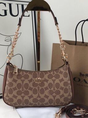 Coach Brown Signature Canvas Shoulder Bag with Gold Hardware